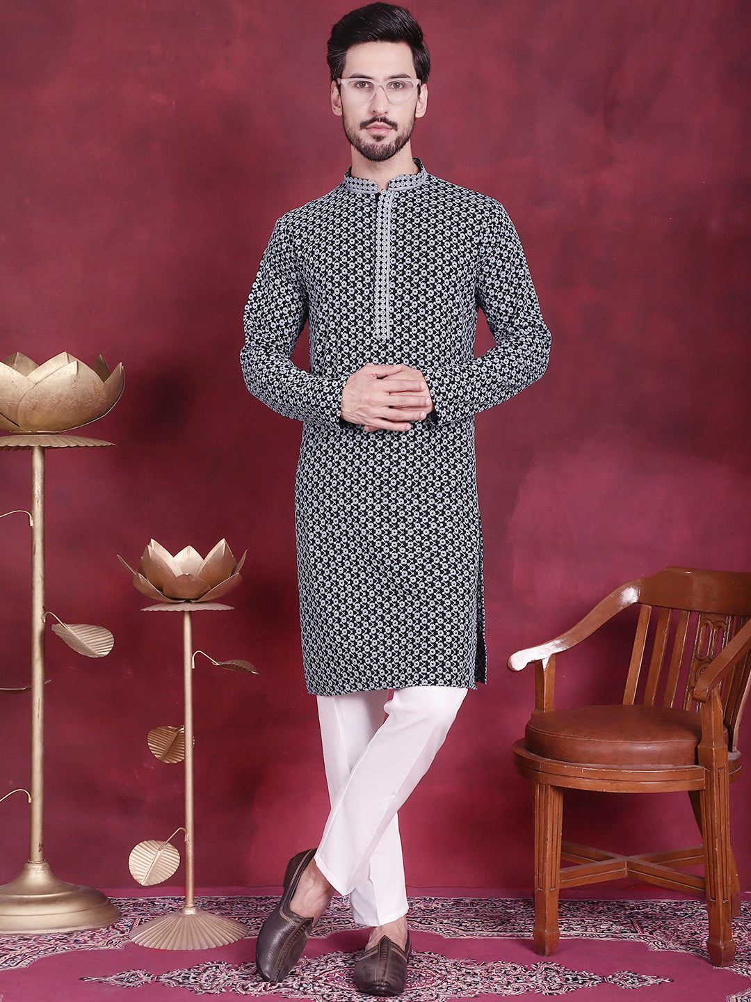 Jompers Men's Sequins Embroidered Kurta - Grey - Distacart
