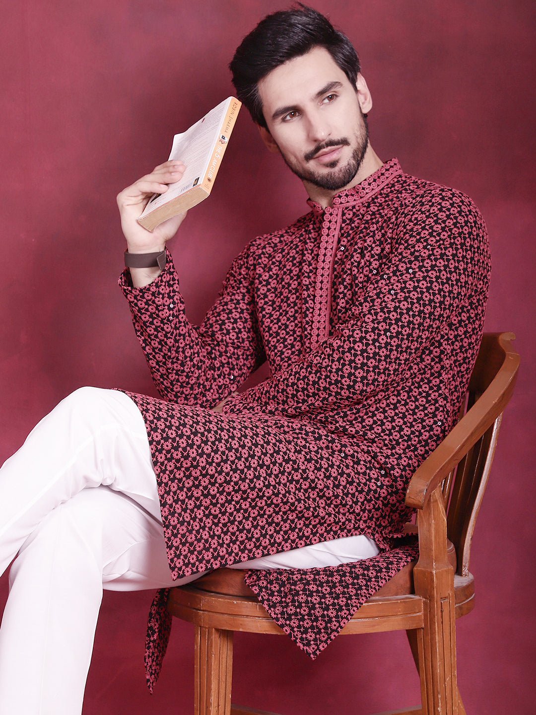 Jompers Men's Sequins Embroidered Kurta - Magenta - Distacart