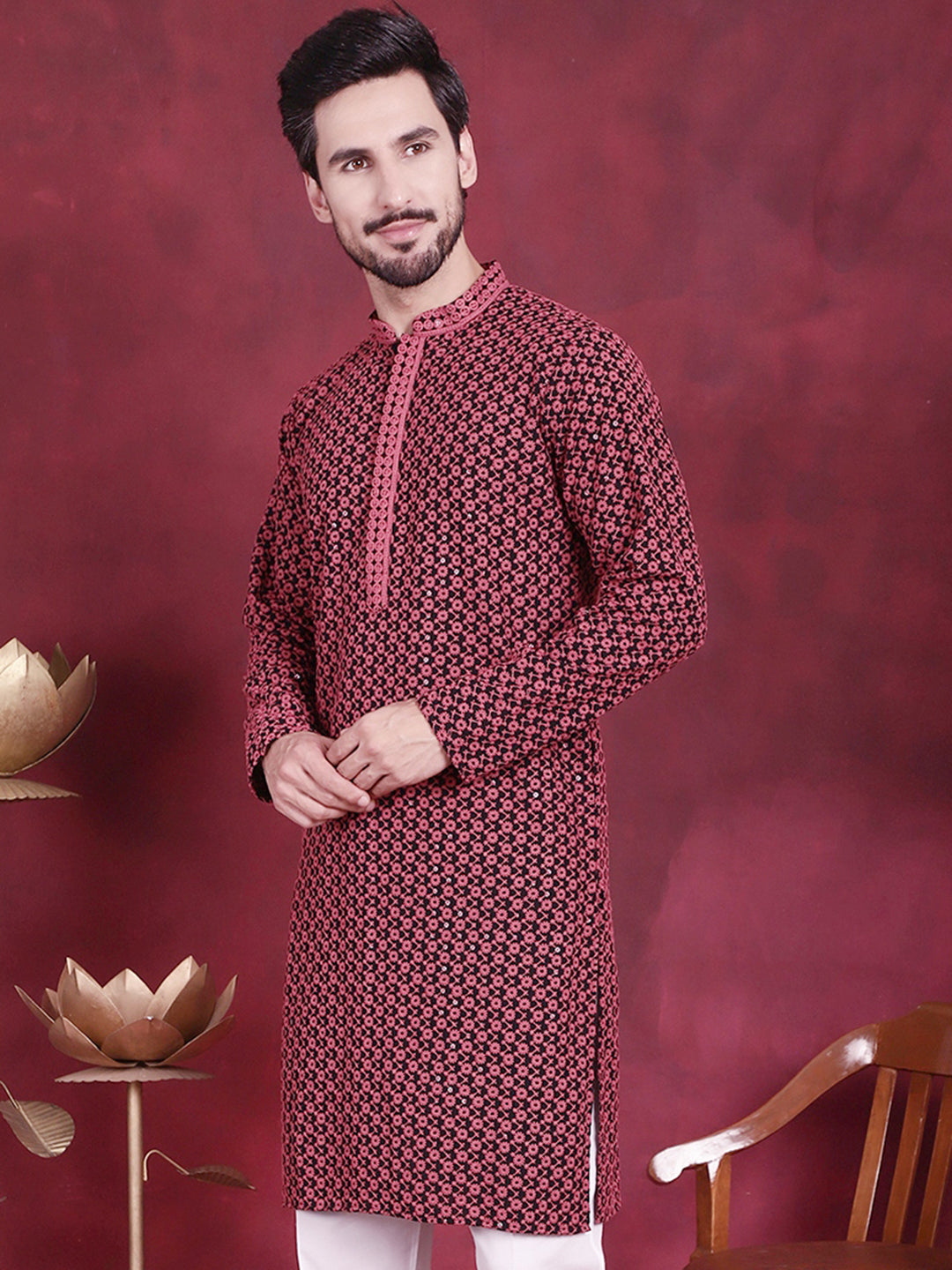 Jompers Men's Sequins Embroidered Kurta - Magenta - Distacart