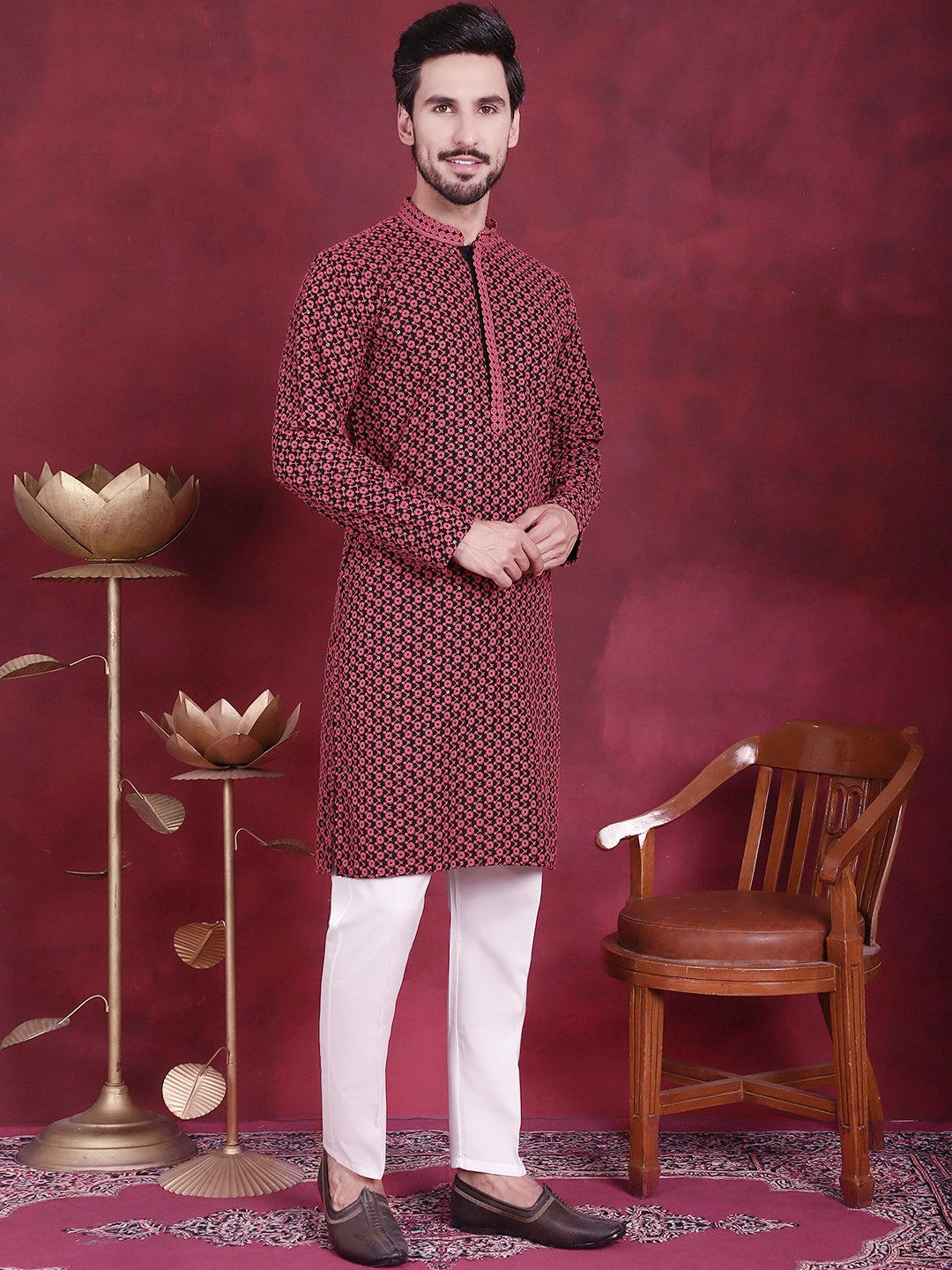 Jompers Men's Sequins Embroidered Kurta - Magenta - Distacart