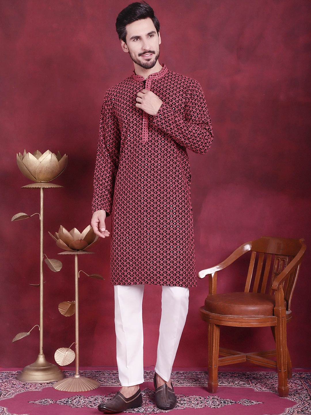 Jompers Men's Sequins Embroidered Kurta - Magenta - Distacart