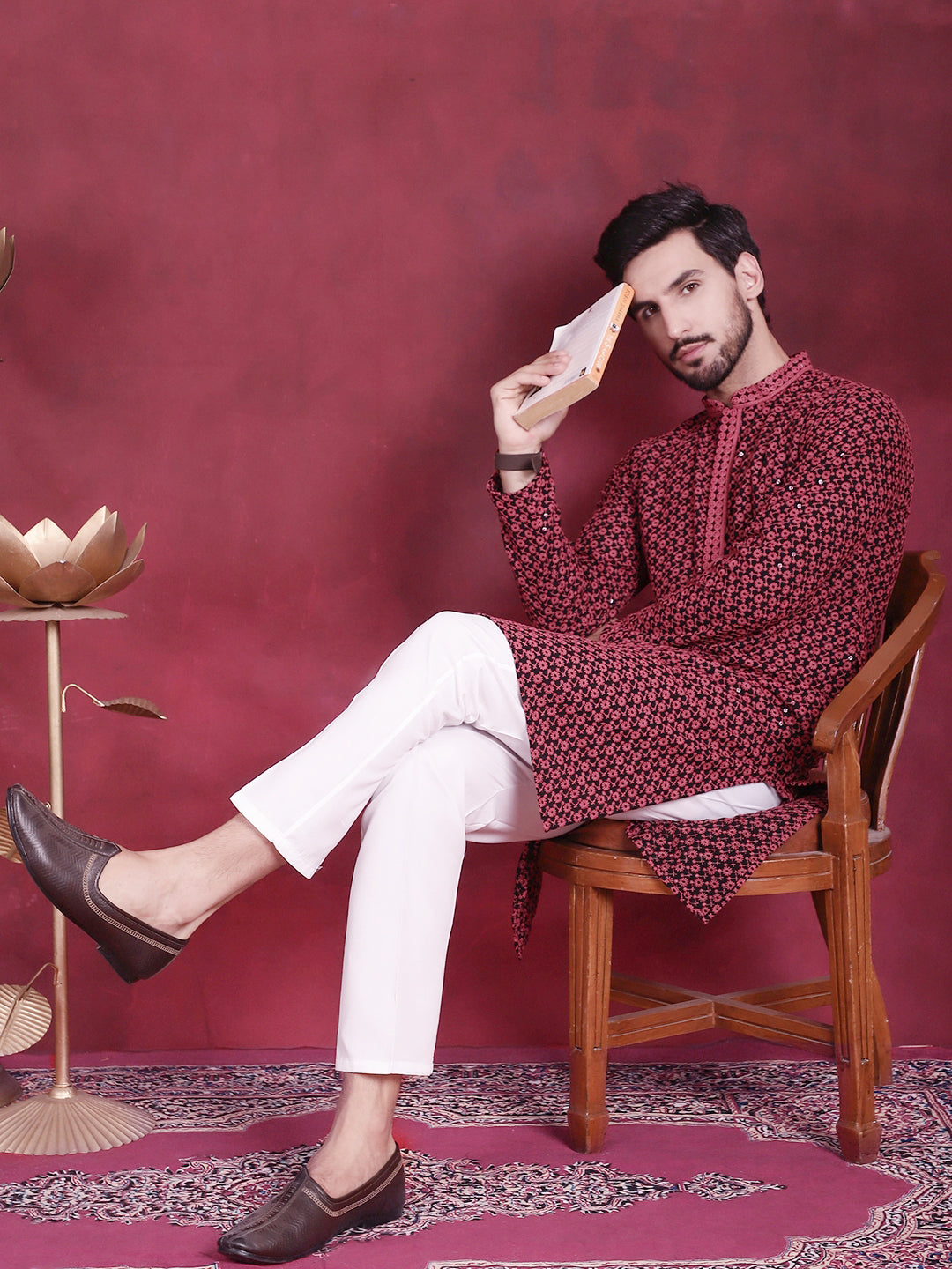 Jompers Men's Sequins Embroidered Kurta - Magenta - Distacart