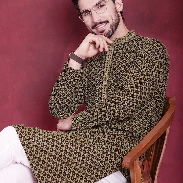 Jompers Men's Sequins Embroidered Kurta - Mehndi - Distacart