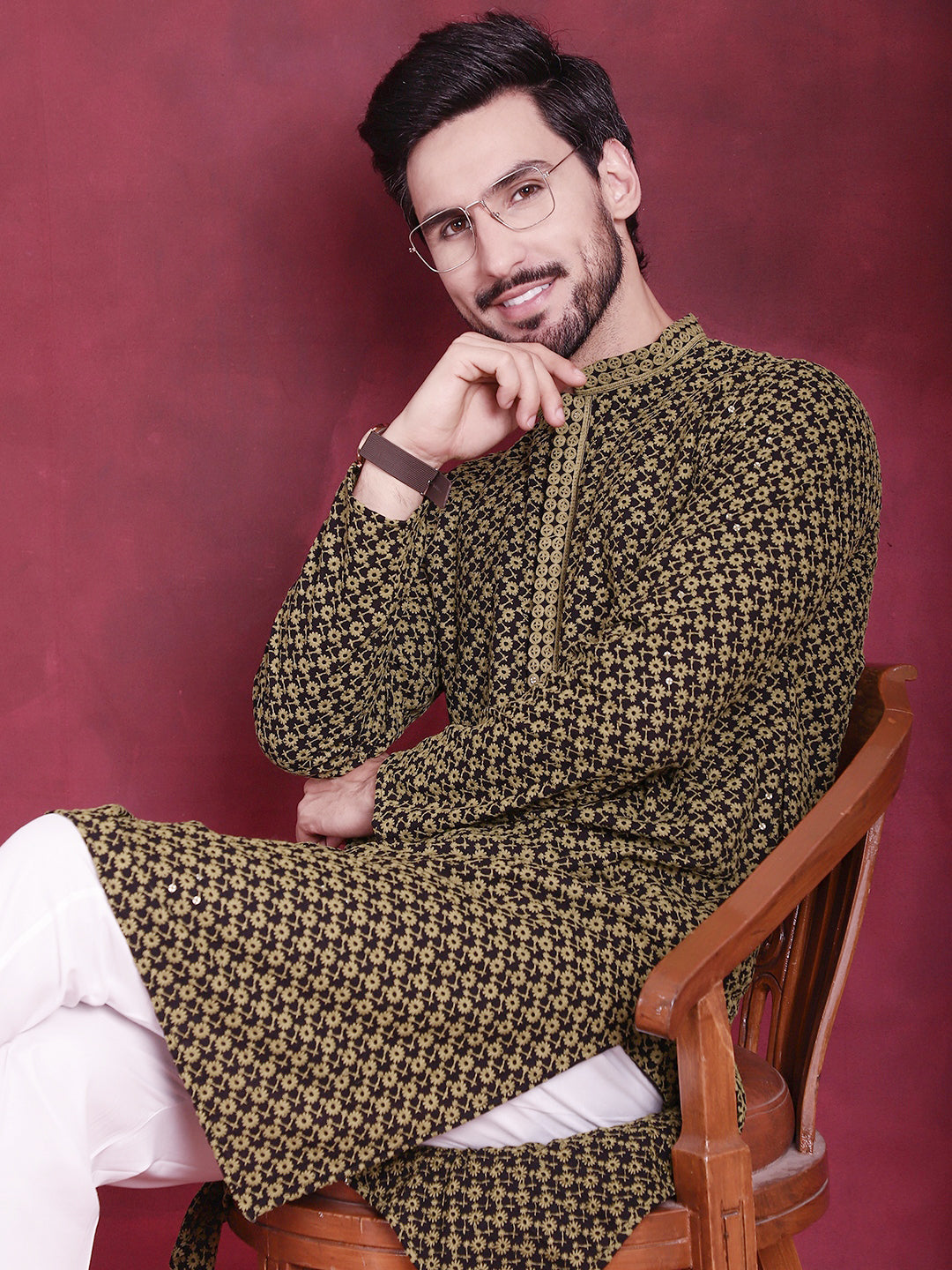 Jompers Men's Sequins Embroidered Kurta - Mehndi - Distacart