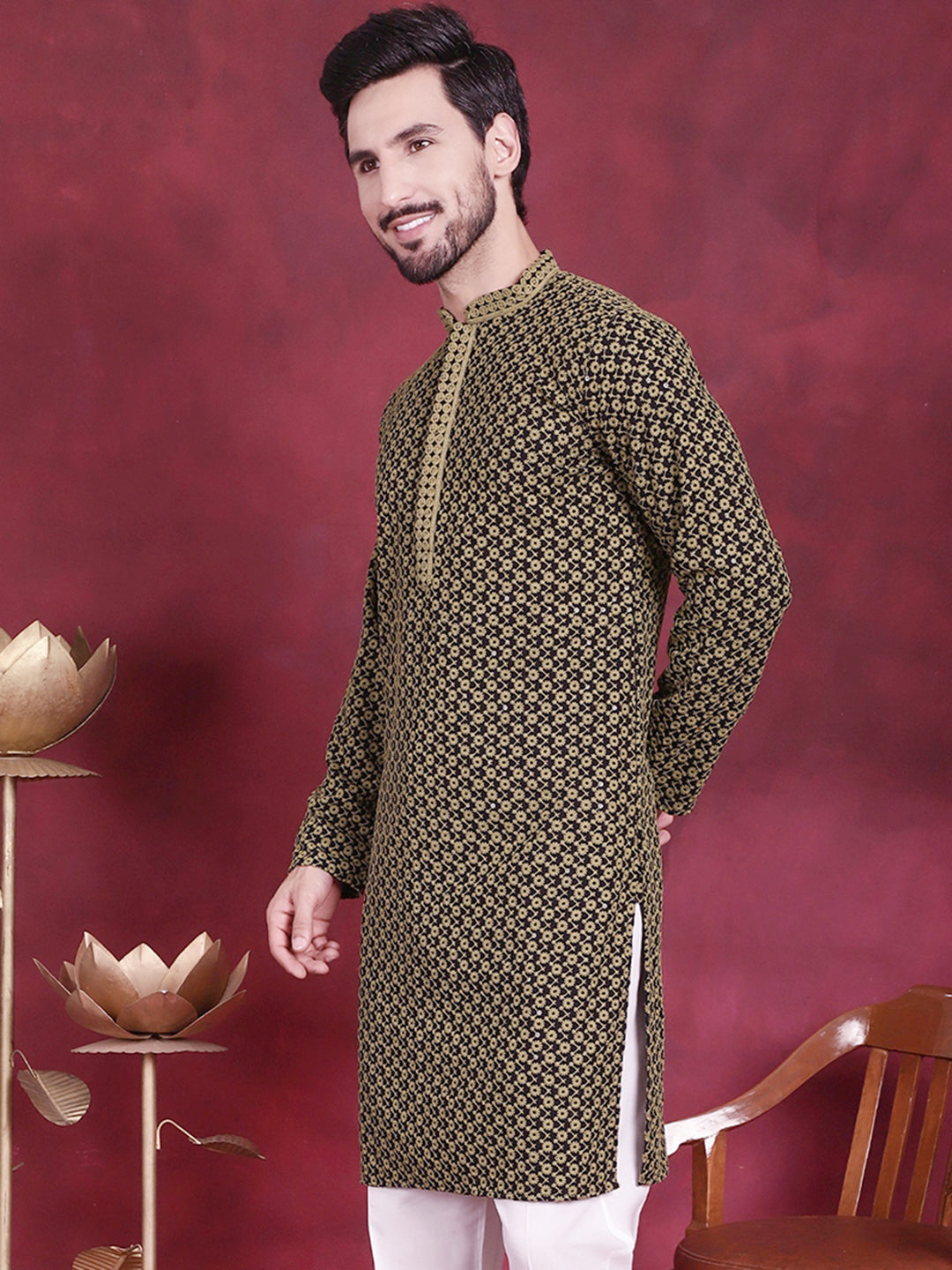 Jompers Men's Sequins Embroidered Kurta - Mehndi - Distacart