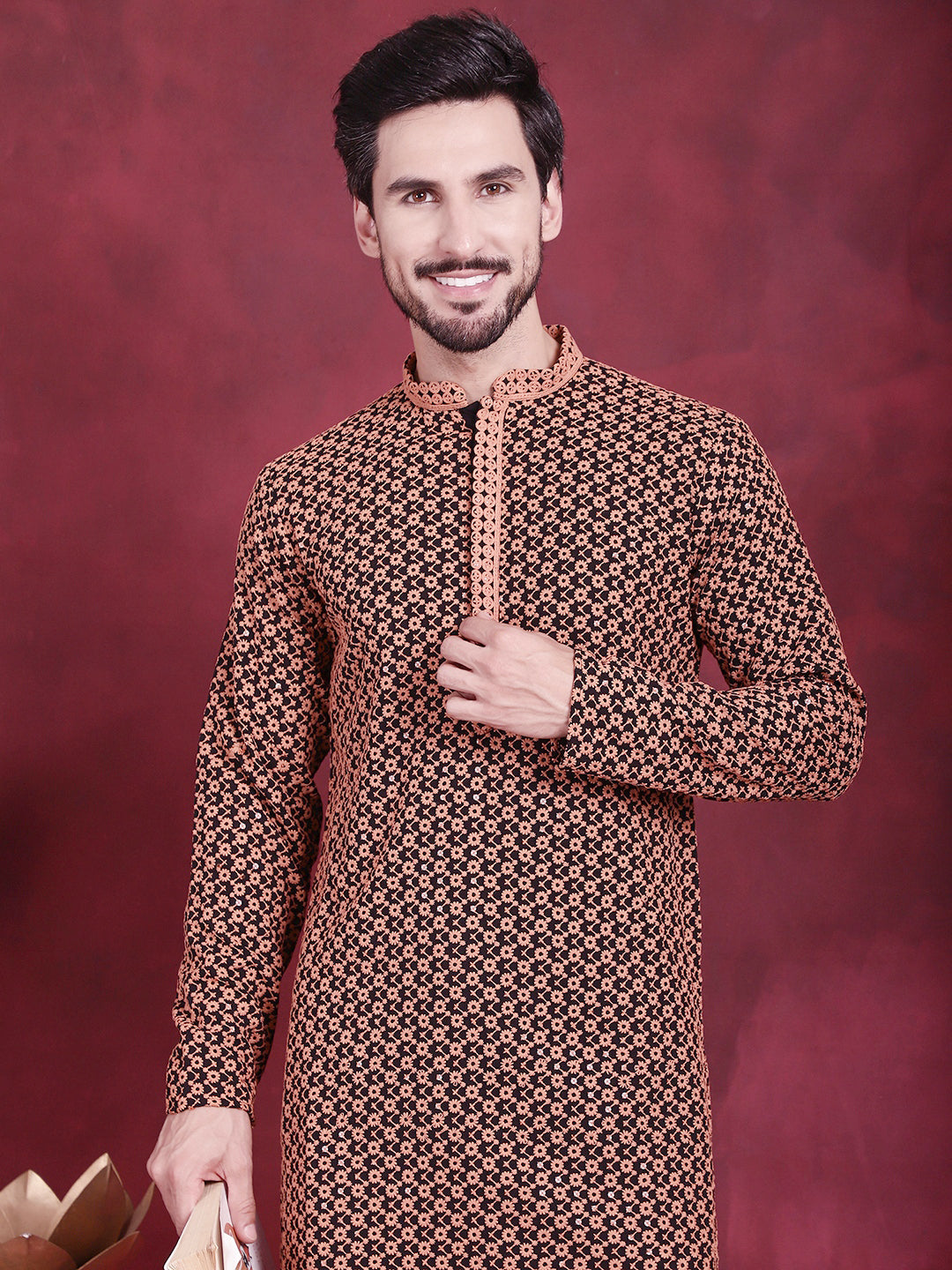 Jompers Men's Sequins Embroidered Kurta - Orange - Distacart