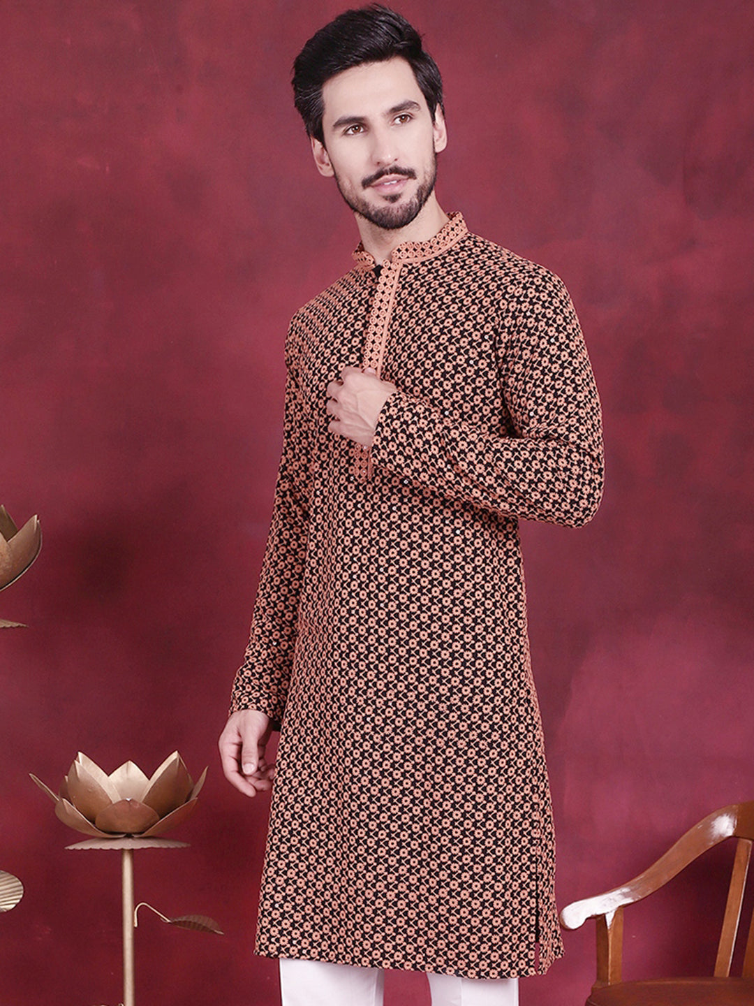Jompers Men's Sequins Embroidered Kurta - Orange - Distacart