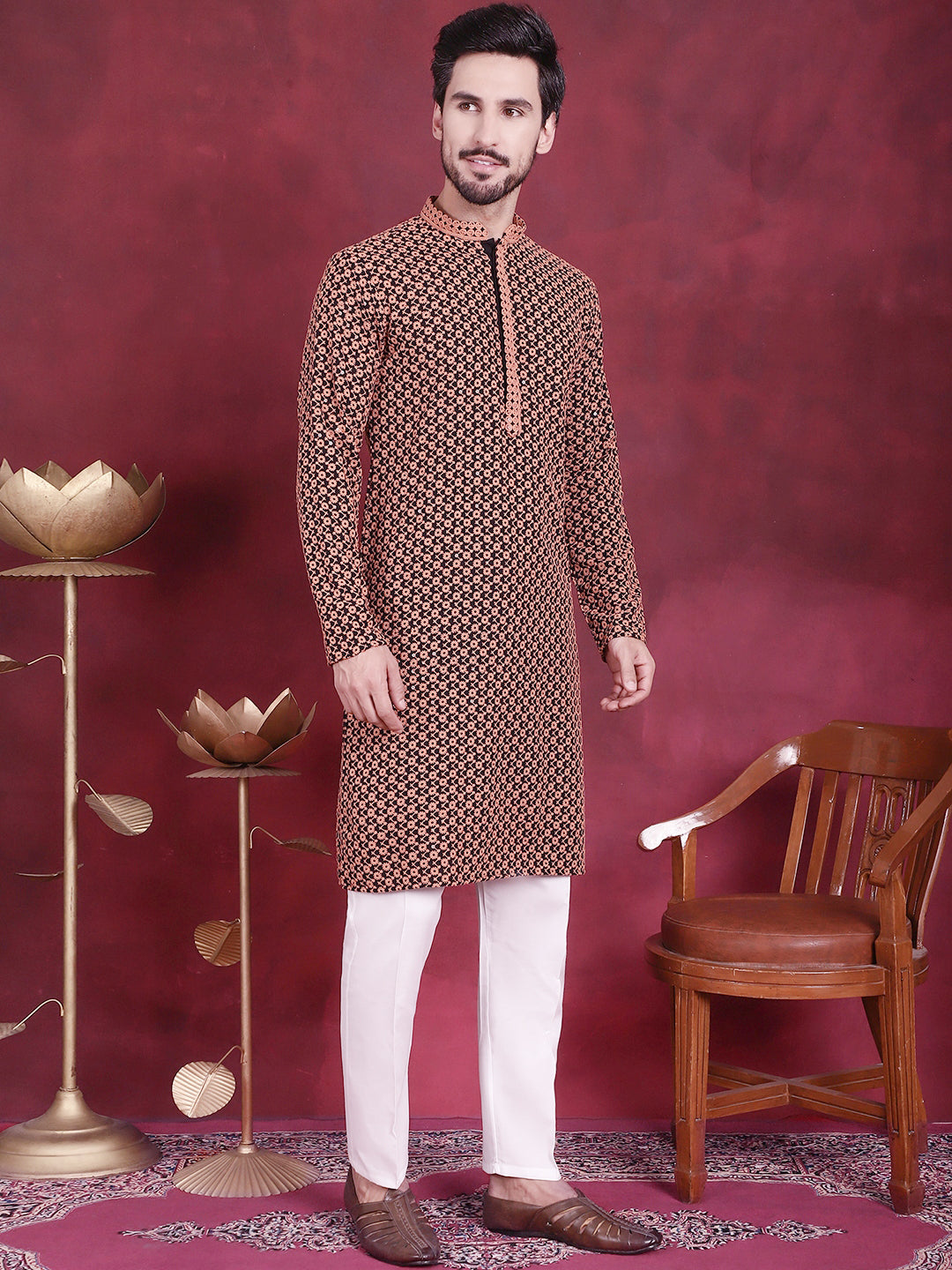 Jompers Men's Sequins Embroidered Kurta - Orange - Distacart