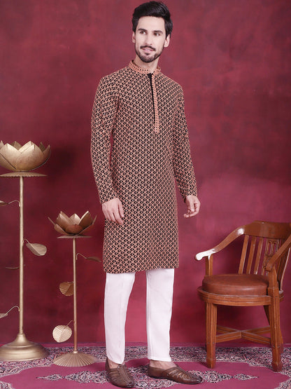 Jompers Men's Sequins Embroidered Kurta - Orange - Distacart