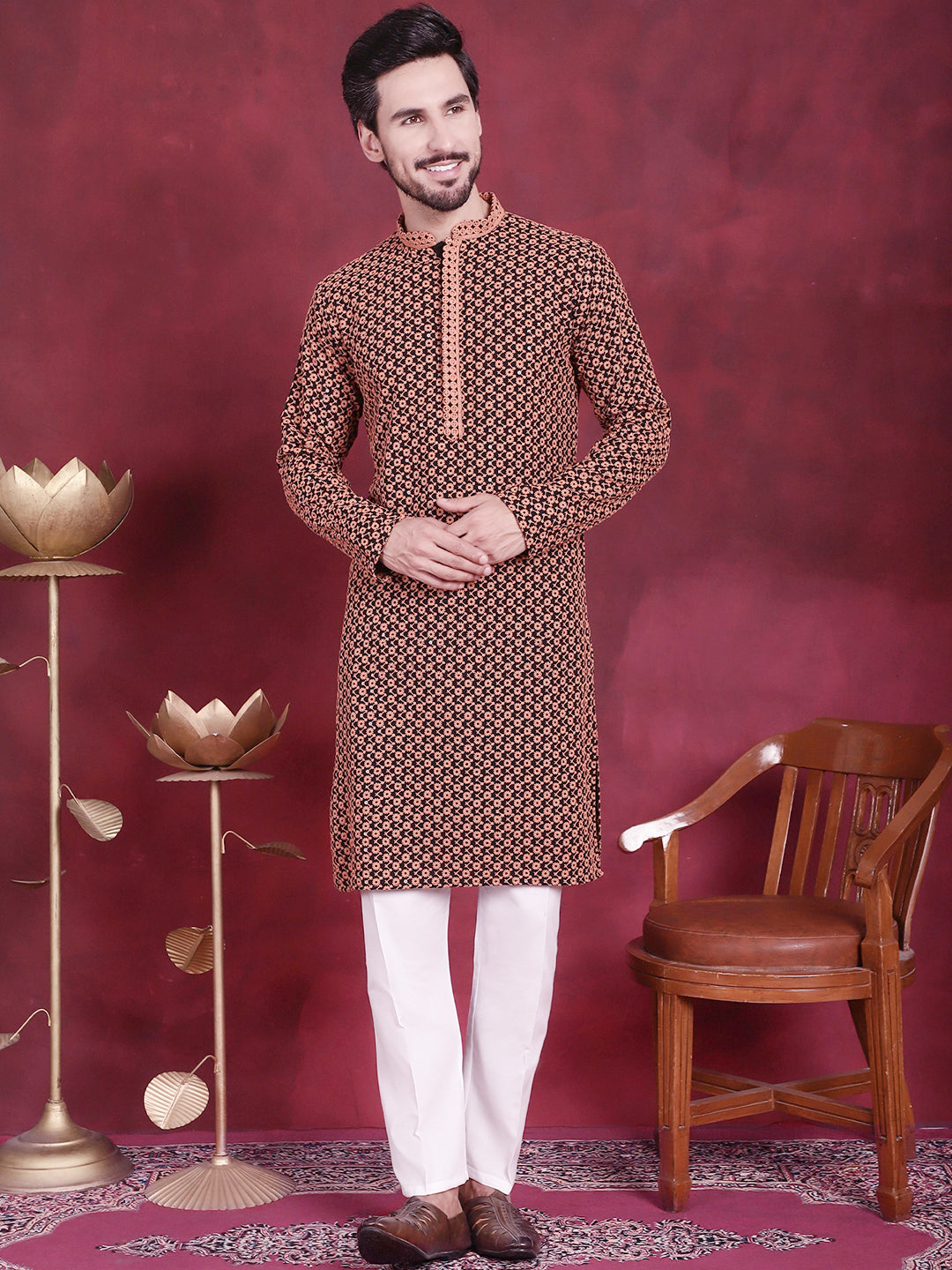 Jompers Men's Sequins Embroidered Kurta - Orange - Distacart