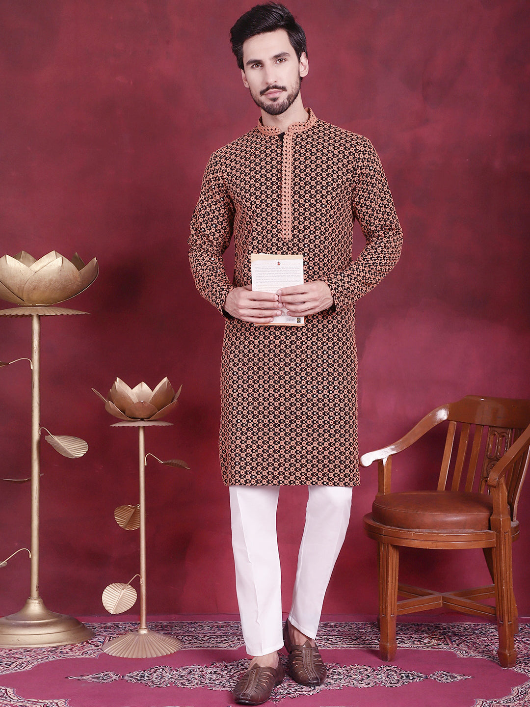 Jompers Men's Sequins Embroidered Kurta - Orange - Distacart