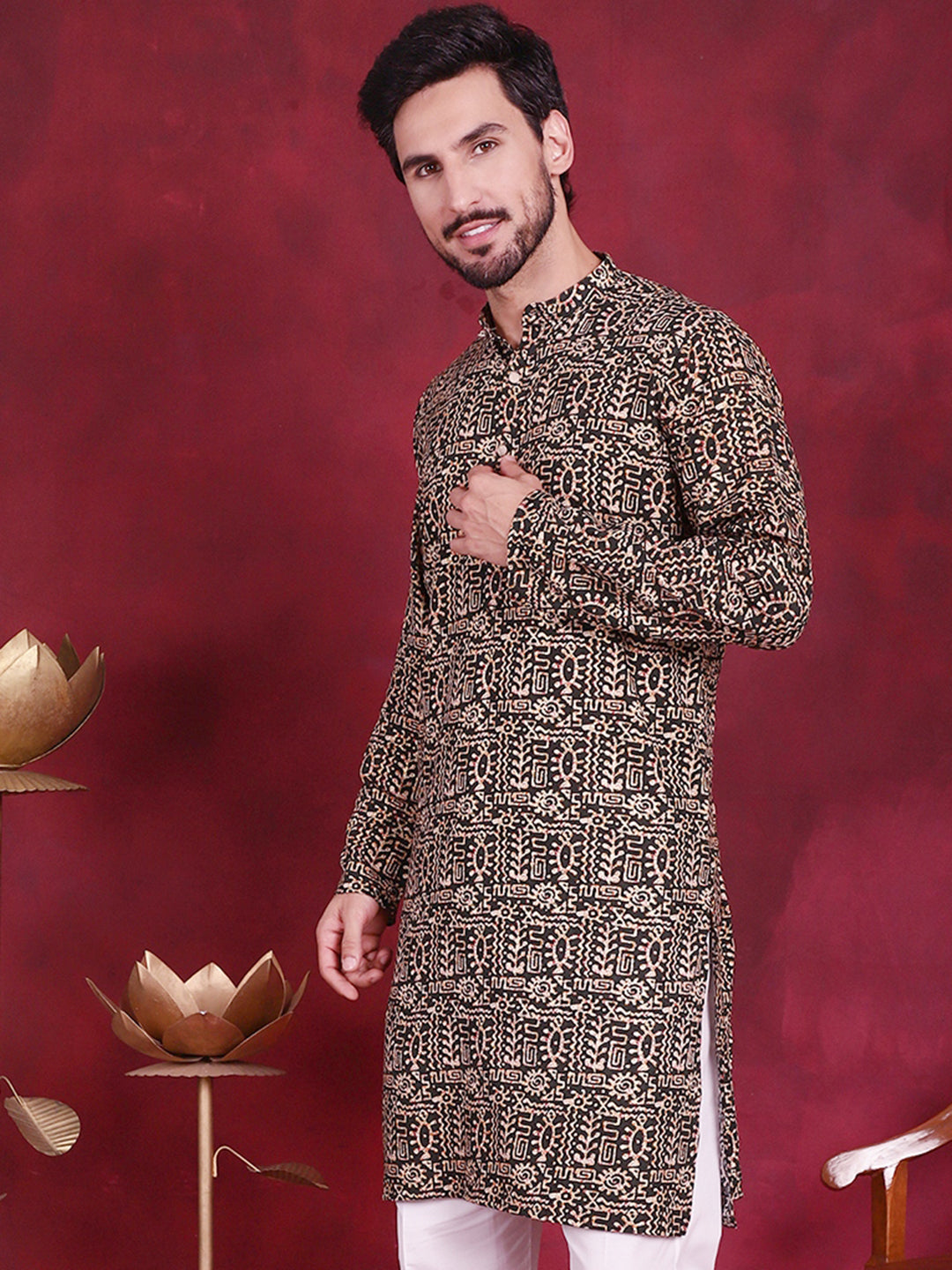Jompers Men's Digital Printed Kurta - Olive - Distacart