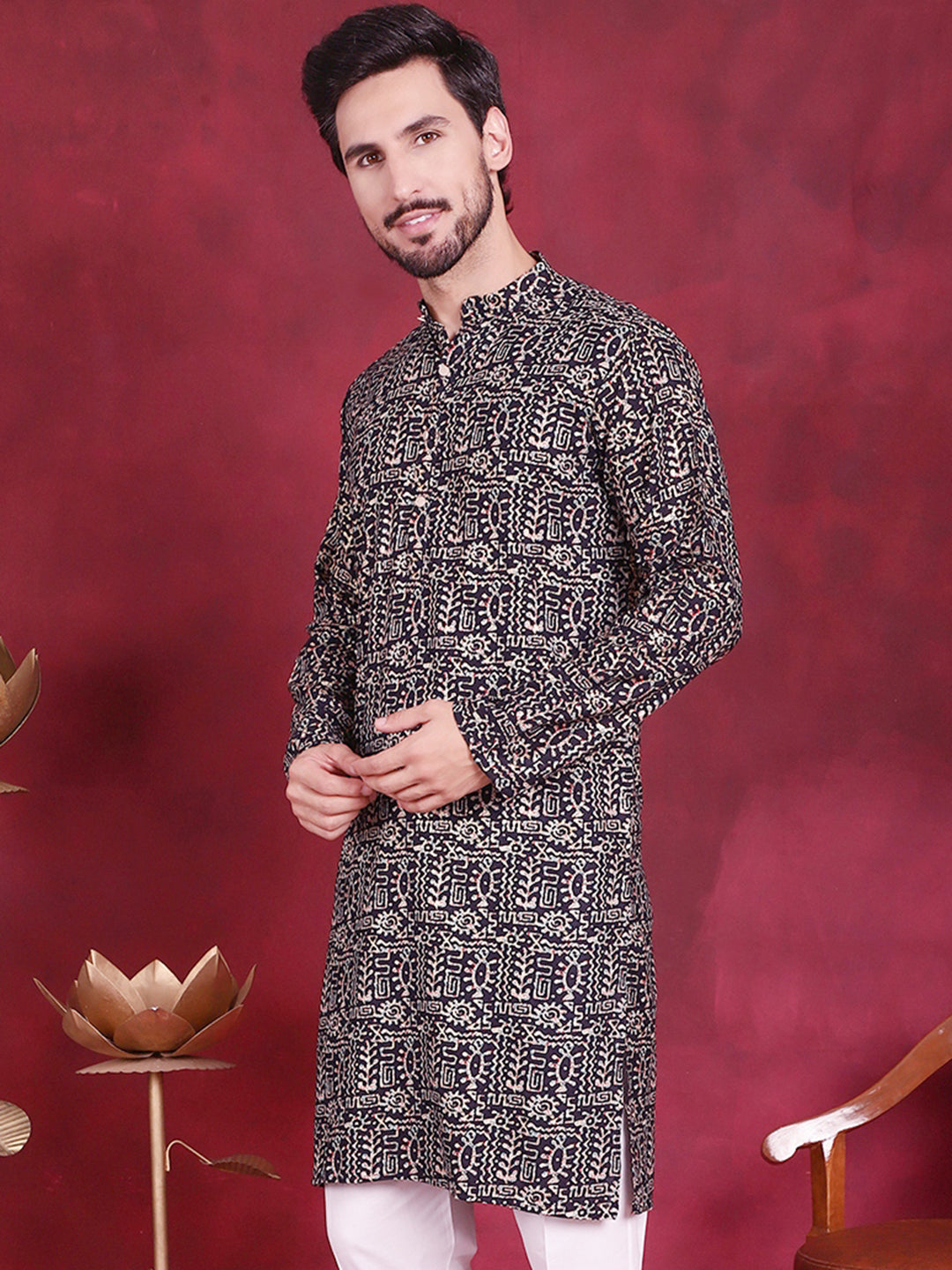 Jompers Men's Digital Printed Kurta - Navy Blue - Distacart