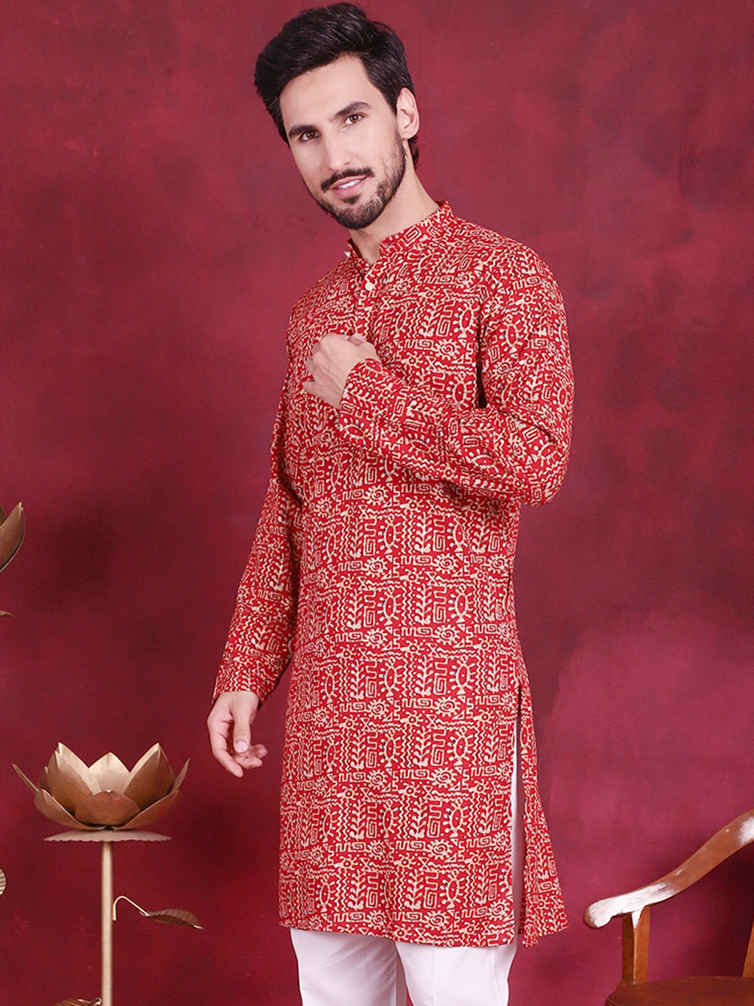 Jompers Men's Digital Printed Kurta - Red - Distacart