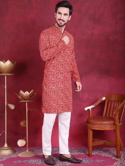 Jompers Men's Digital Printed Kurta - Red - Distacart