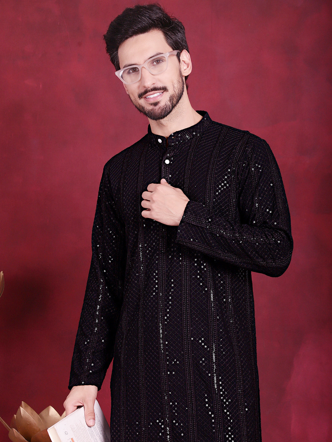 Jompers Men's Sequins Chikankari Embroidered Kurta - Black - Distacart