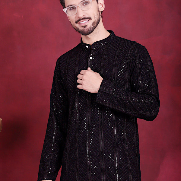 Jompers Men's Sequins Chikankari Embroidered Kurta - Black - Distacart