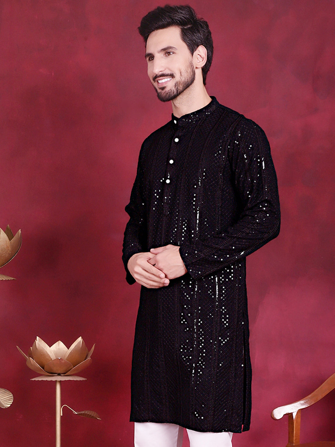 Jompers Men's Sequins Chikankari Embroidered Kurta - Black - Distacart