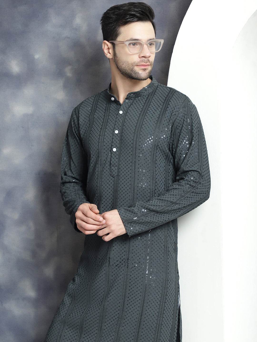 Jompers Men's Sequins Chikankari Embroidered Kurta - Grey - Distacart