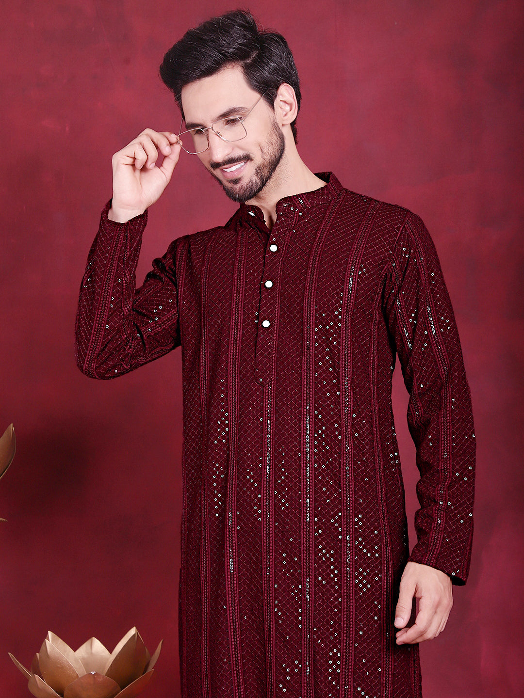 Jompers Men's Sequins Chikankari Embroidered Kurta - Maroon - Distacart