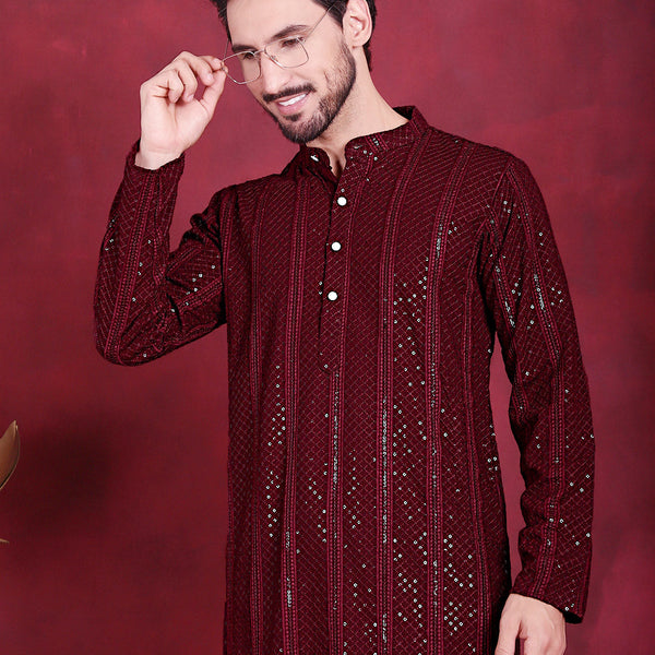 Jompers Men's Sequins Chikankari Embroidered Kurta - Maroon - Distacart
