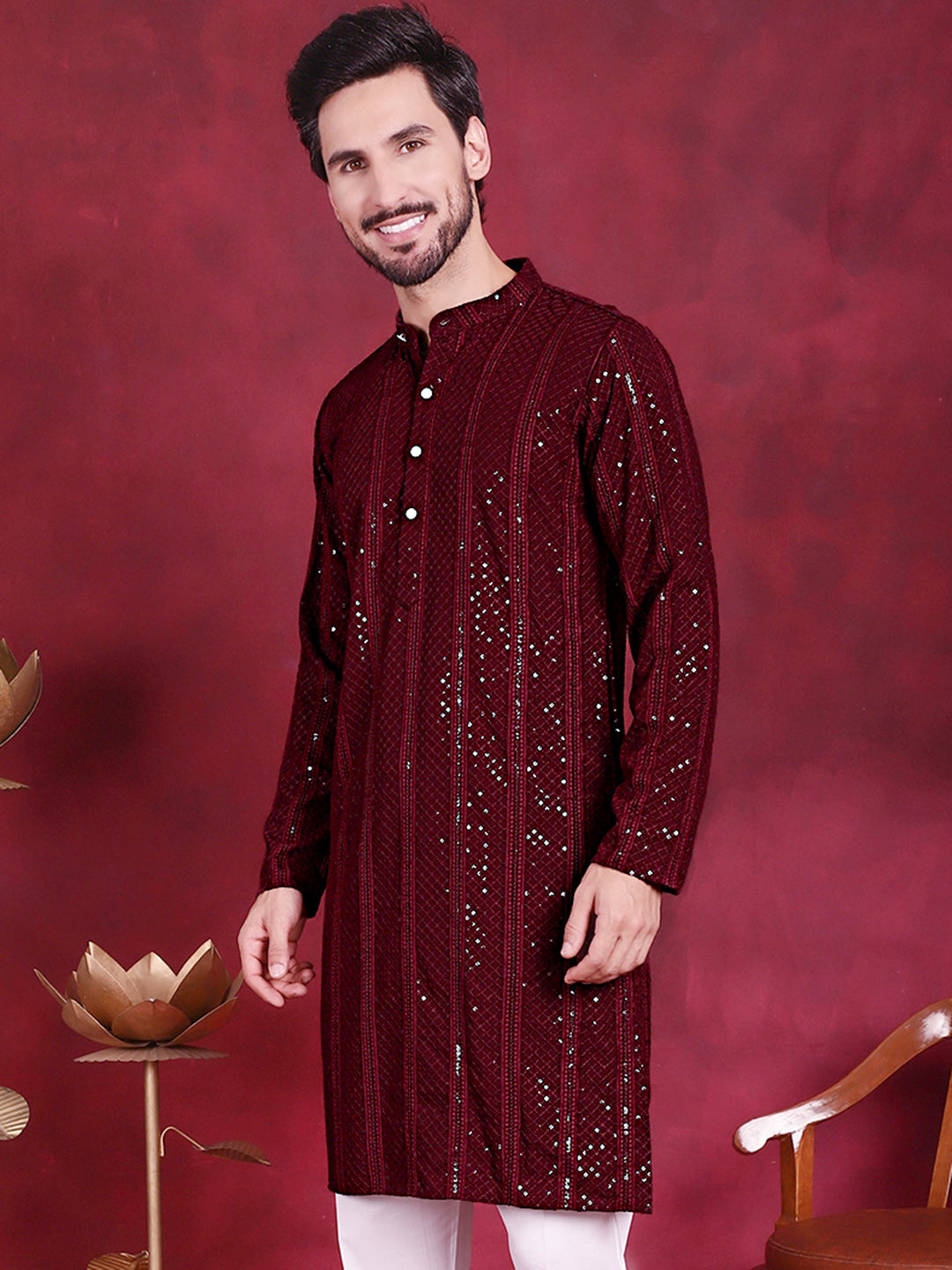 Jompers Men's Sequins Chikankari Embroidered Kurta - Maroon - Distacart