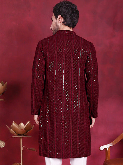 Jompers Men's Sequins Chikankari Embroidered Kurta - Maroon - Distacart