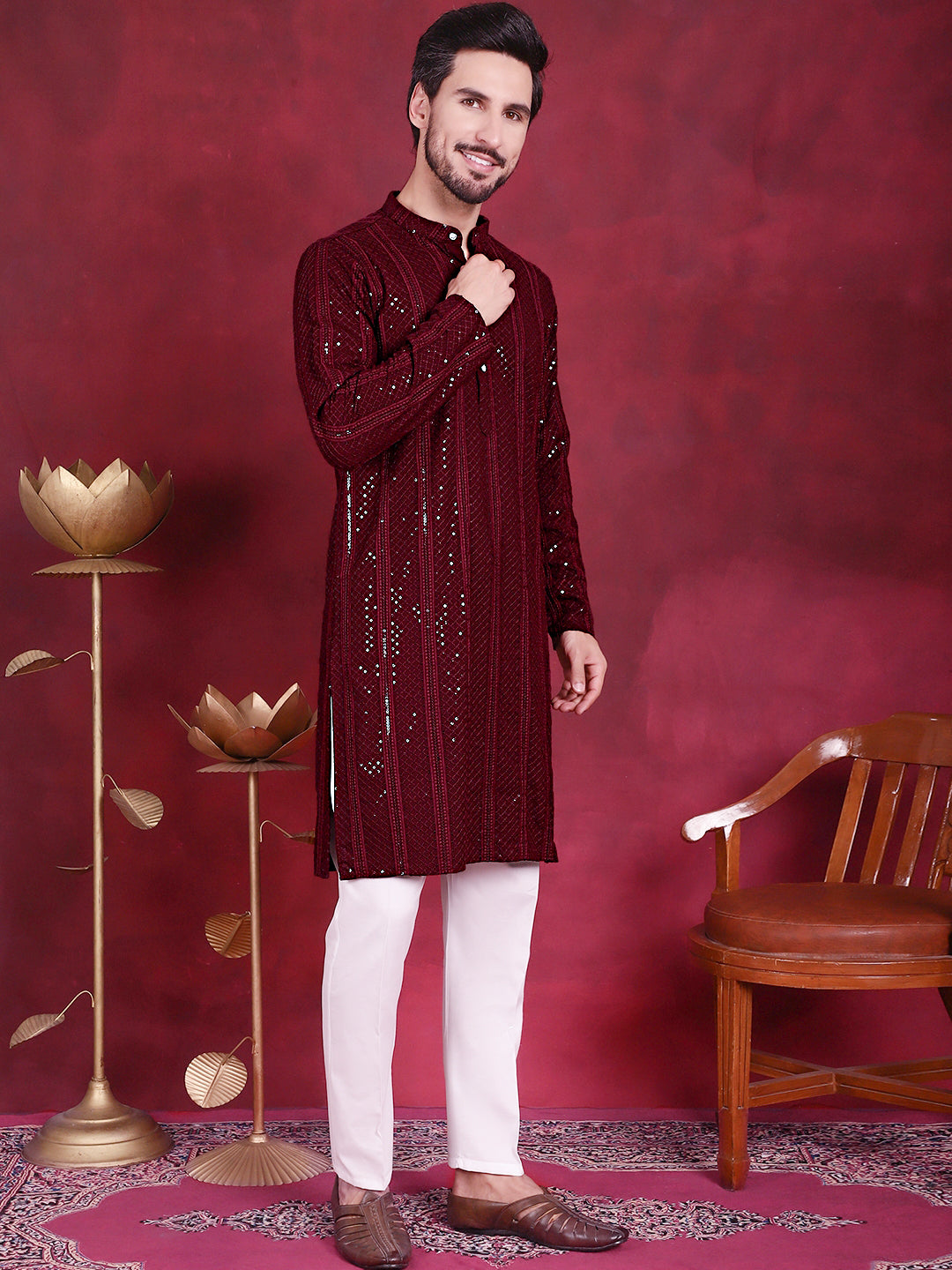 Jompers Men's Sequins Chikankari Embroidered Kurta - Maroon - Distacart