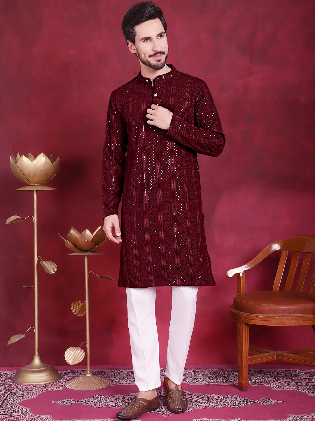 Jompers Men's Sequins Chikankari Embroidered Kurta - Maroon - Distacart