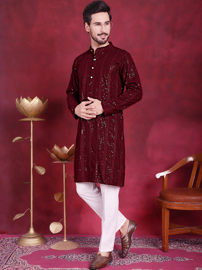 Jompers Men's Sequins Chikankari Embroidered Kurta - Maroon - Distacart