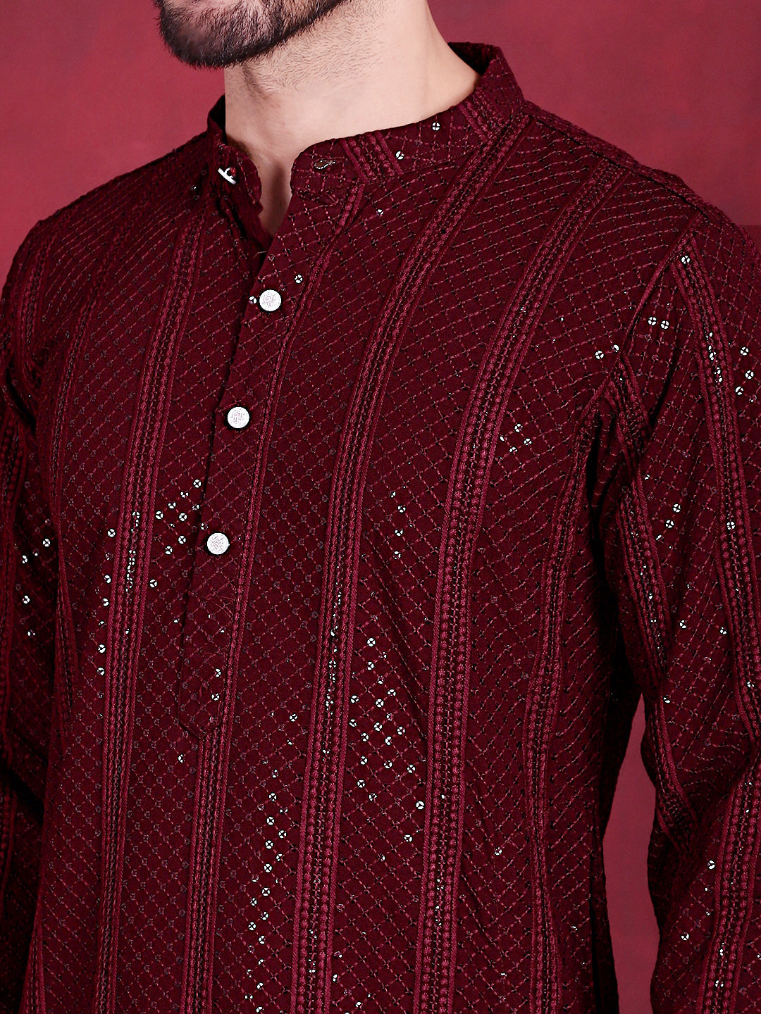 Jompers Men's Sequins Chikankari Embroidered Kurta - Maroon - Distacart