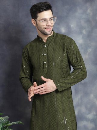 Jompers Men's Sequins Chikankari Embroidered Kurta - Mehndi - Distacart