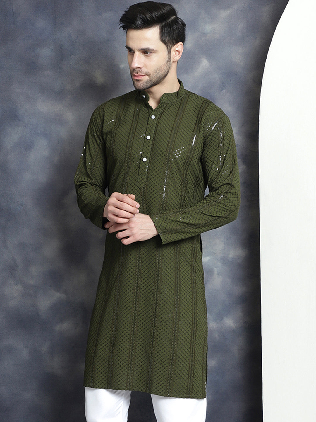 Jompers Men's Sequins Chikankari Embroidered Kurta - Mehndi - Distacart