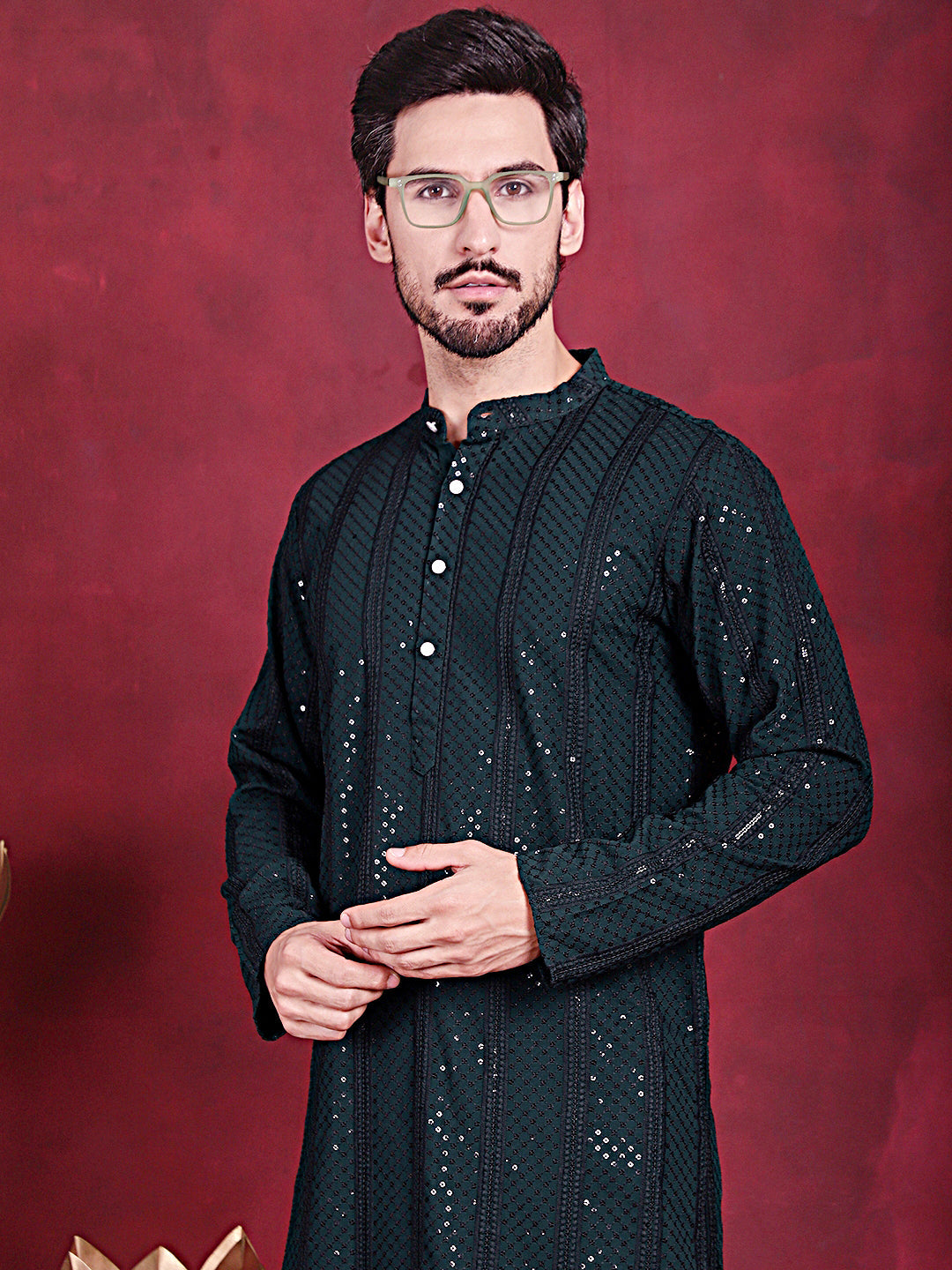 Jompers Men's Sequins Chikankari Embroidered Kurta - Olive - Distacart