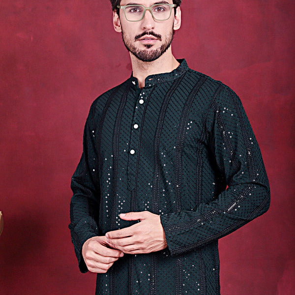 Jompers Men's Sequins Chikankari Embroidered Kurta - Olive - Distacart
