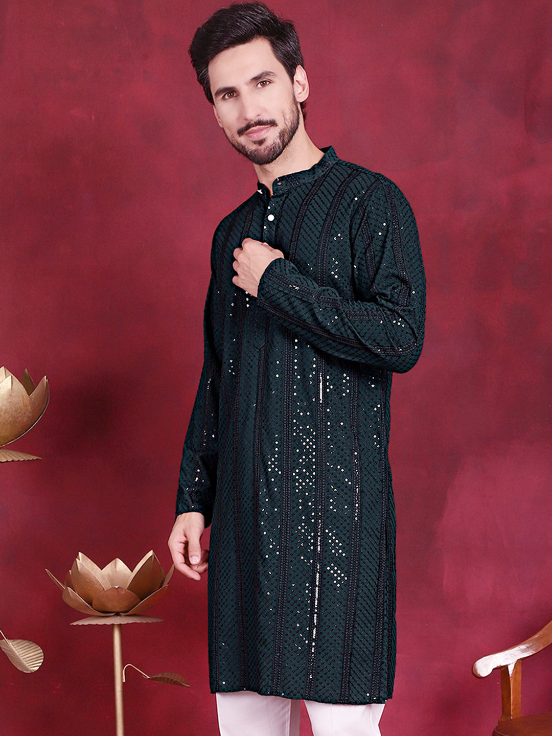 Jompers Men's Sequins Chikankari Embroidered Kurta - Olive - Distacart