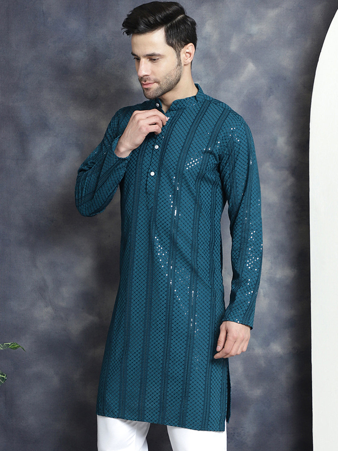 Jompers Men's Sequins Chikankari Embroidered Kurta - Peacock - Distacart