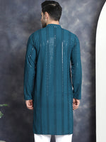 Thumbnail for Jompers Men's Sequins Chikankari Embroidered Kurta - Peacock - Distacart