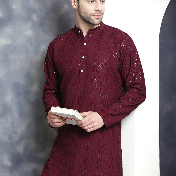 Jompers Men's Sequins Chikankari Embroidered Kurta - Purple - Distacart