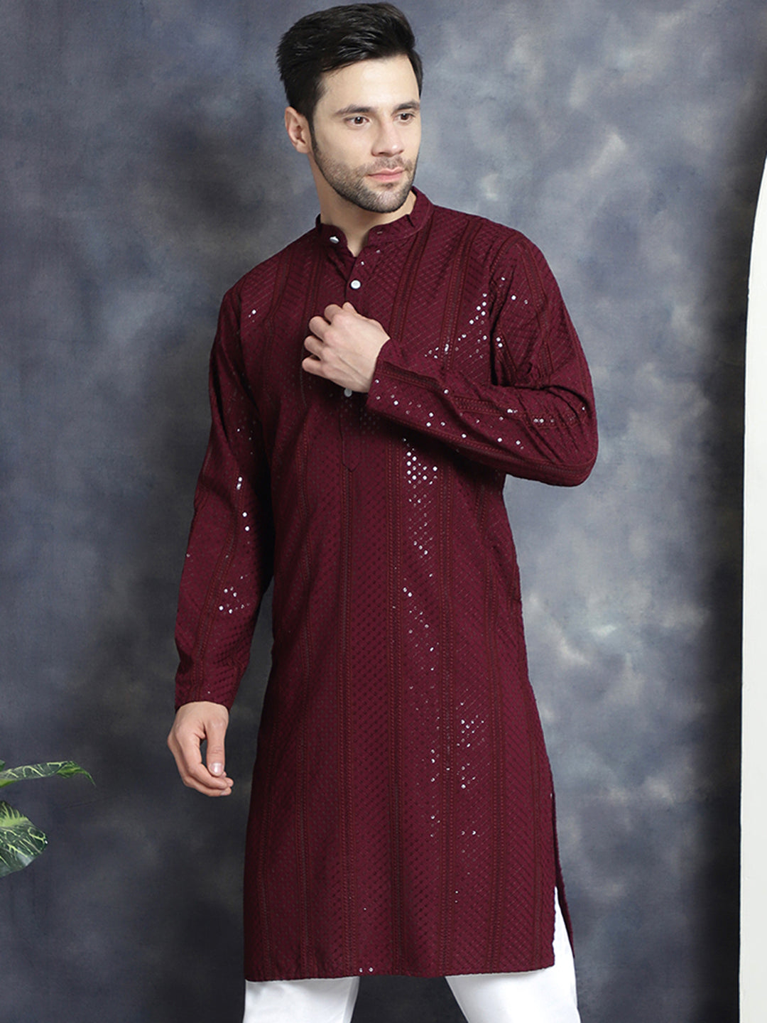Jompers Men's Sequins Chikankari Embroidered Kurta - Purple - Distacart