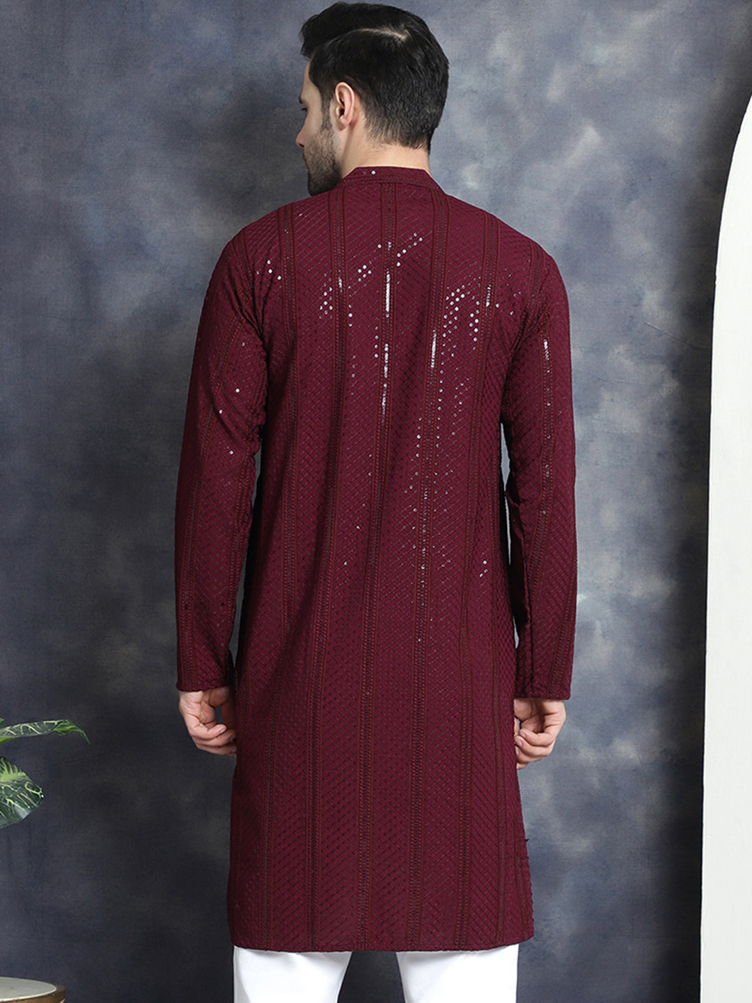 Jompers Men's Sequins Chikankari Embroidered Kurta - Purple - Distacart