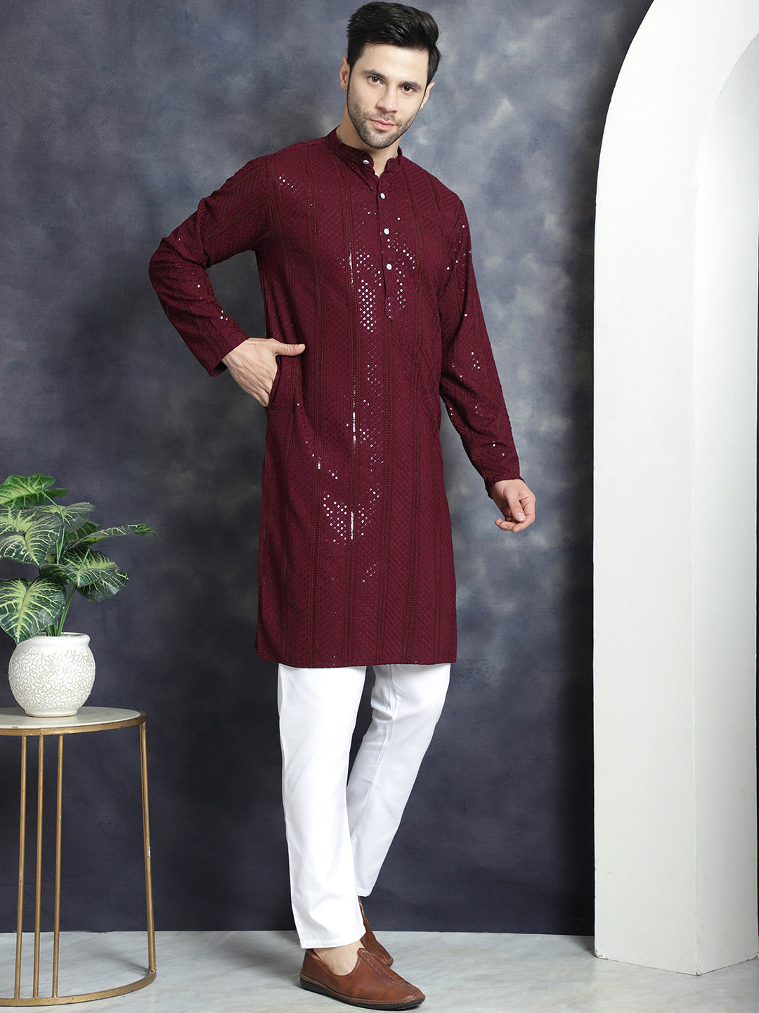 Jompers Men's Sequins Chikankari Embroidered Kurta - Purple - Distacart