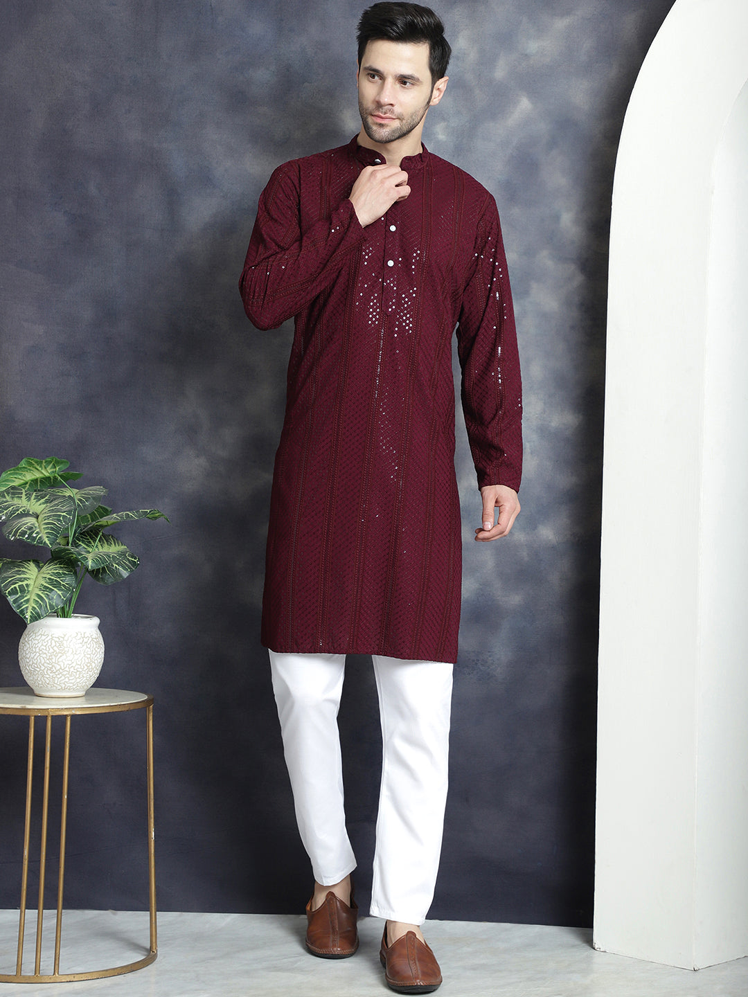 Jompers Men's Sequins Chikankari Embroidered Kurta - Purple - Distacart