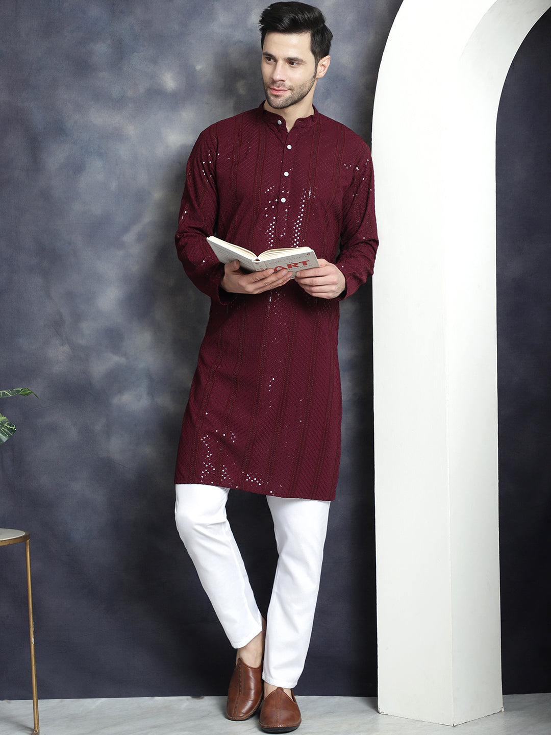 Jompers Men's Sequins Chikankari Embroidered Kurta - Purple - Distacart