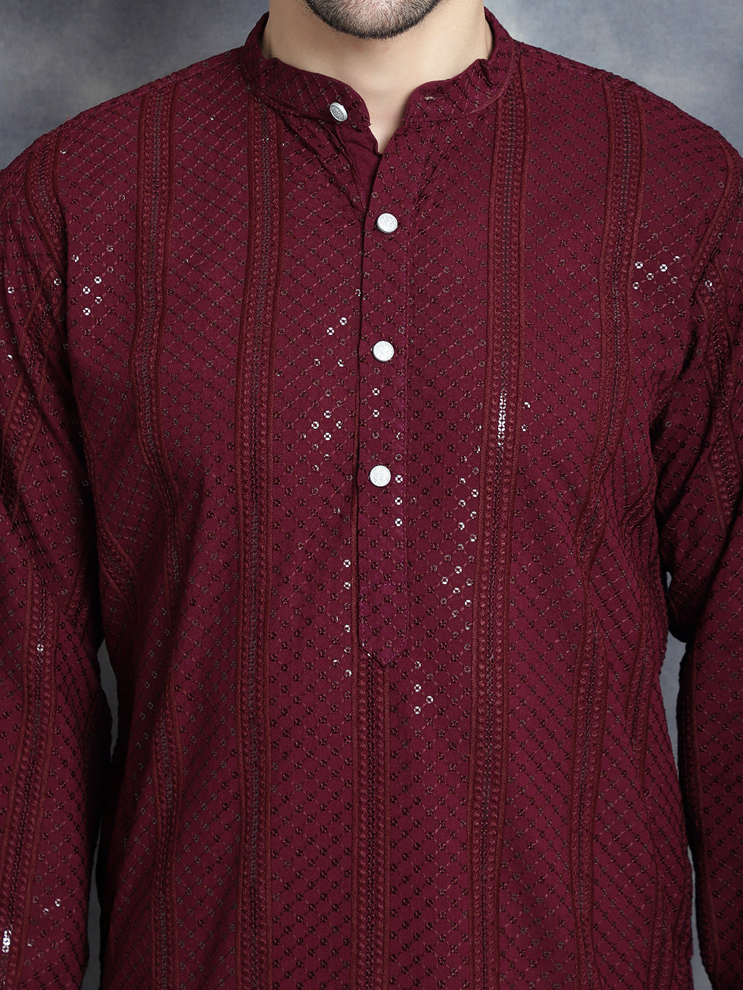 Jompers Men's Sequins Chikankari Embroidered Kurta - Purple - Distacart
