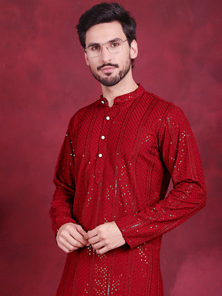 Jompers Men's Sequins Chikankari Embroidered Kurta - Red - Distacart