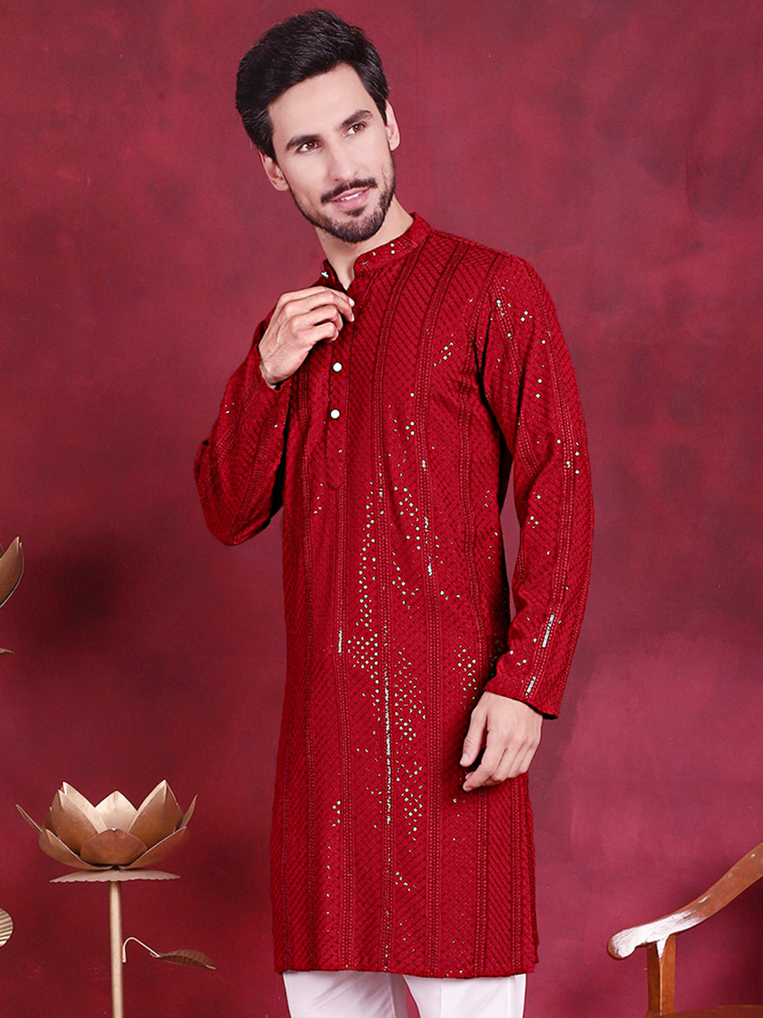 Jompers Men's Sequins Chikankari Embroidered Kurta - Red - Distacart