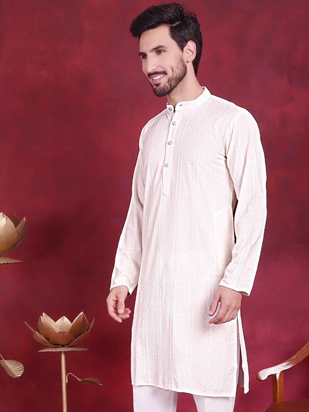 Jompers Men's Sequins Chikankari Embroidered Kurta - White - Distacart