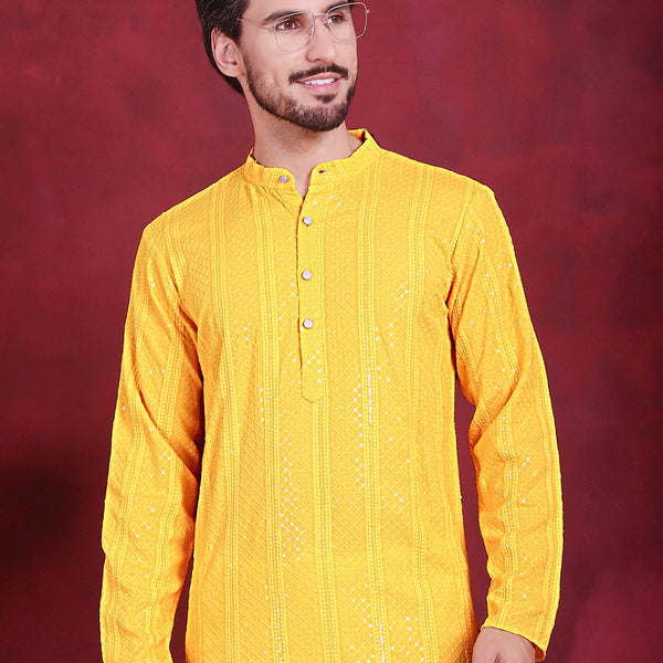 Jompers Men's Sequins Chikankari Embroidered Kurta - Yellow - Distacart