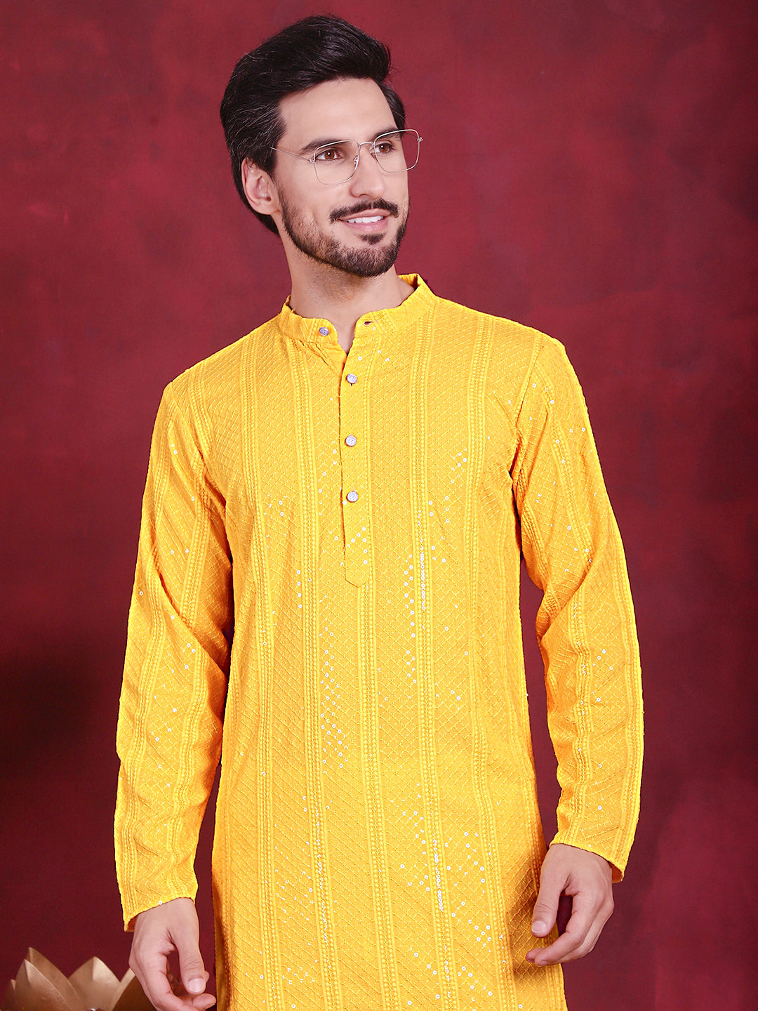 Jompers Men's Sequins Chikankari Embroidered Kurta - Yellow - Distacart